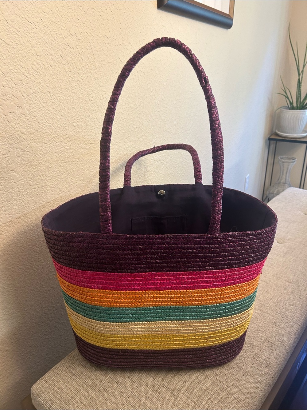 Bahamas Multicolor Straw Tote Bag - Purple with Rainbow Stripes